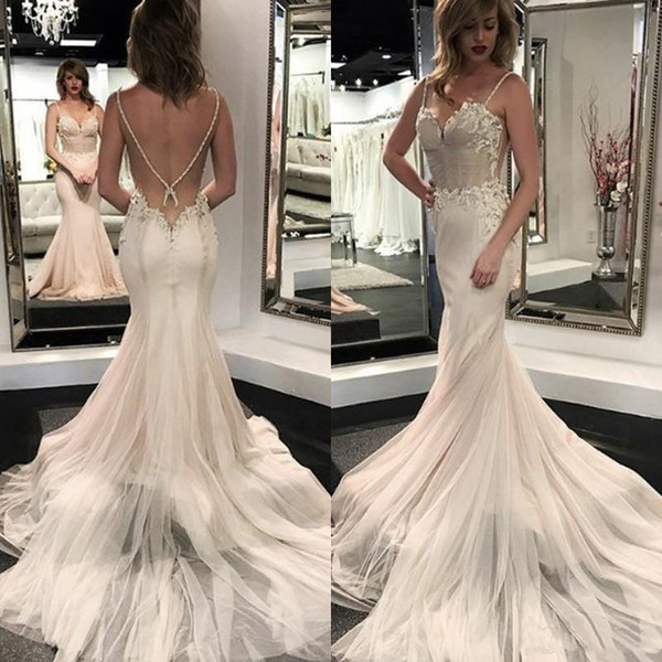 Bridal Gown Spaghetti Strap Open Back Mermaid Tulle Wedding Dresses Sweep Train For Castle Wedding Dresses