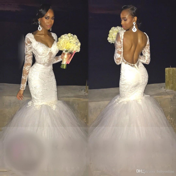 Backless Mermaid Wedding Dresses Long Sleeves Tulle Lace Bridal Dresses Custom Made Wedding Gowns Illusion Bodice