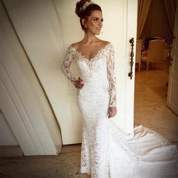 Long Sleeves Mermaid Wedding Dresses Off Shoulder Sheer Neck Full Lace Bridal Gowns Sweep Train Vestido De Noiva