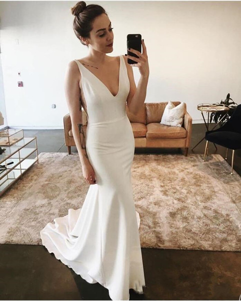 Cheapest Mermaid Beach Wedding Dresses Deep V-neck Backless Satin New Arrival Bridal Dresses Sexy Sweep Train Custom Made