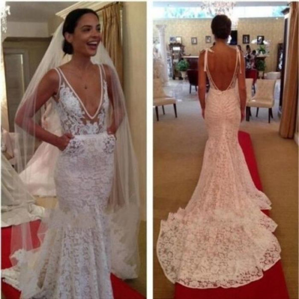 Sexy Lace Mermaid Wedding Dresses Sheer Deep V Neck Backless Wedding Gowns Court Train Spring Brides Dress Vestidos De Noiva