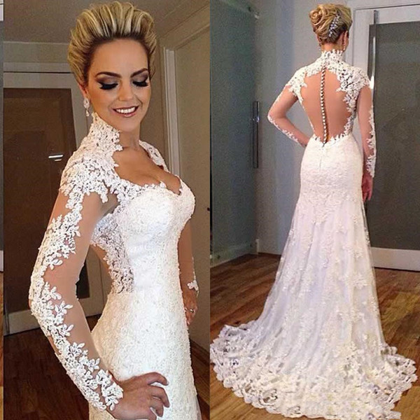 Vintage Mermaid Long Sleeves Wedding Dresses Illusion Lace Sexy High-neck Cheap Lace Bridal Gowns Sweep Train