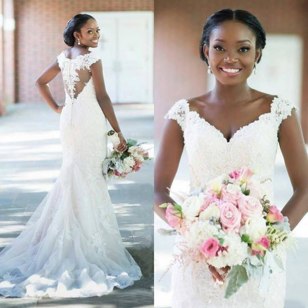 African Mermaid Wedding Dresses Dubai V Neck Illusion Appliques Buttons Back With Button Court Train Formal Bridal Gowns