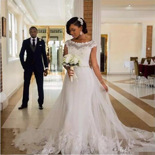 African Mermaid Wedding Dresses White Lace Sheer Scoop Capped Sleeves Tulle Sweep Train Bridal Gowns