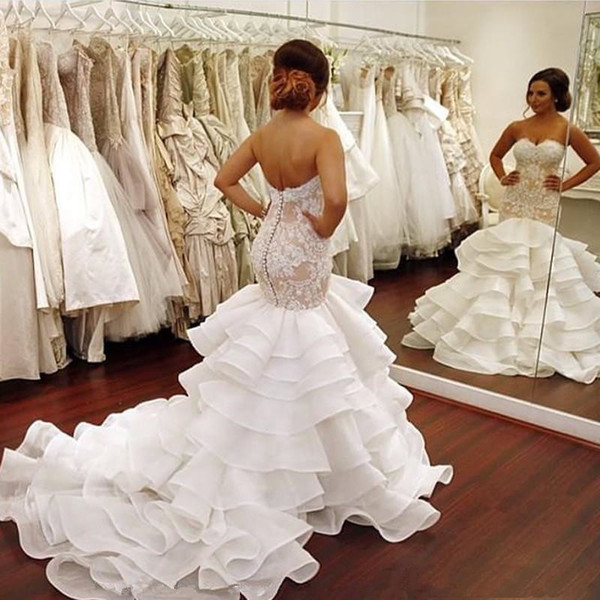 Cheap Mermaid Wedding Dresses Sweetheart Backless Lace Appliques Ruffles Tiered Formal Plus Size Bridal Gowns