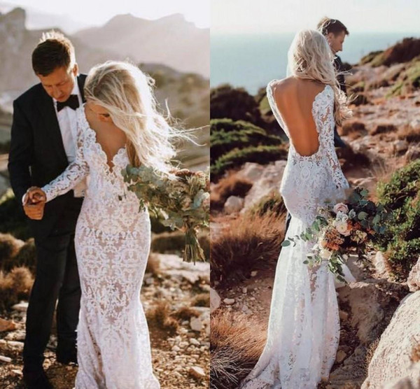 Lace Wedding Dresses Sexy Mermaid Long Sleeves Floor Length Backless Beach Boho Garden Bridal Gowns See Through