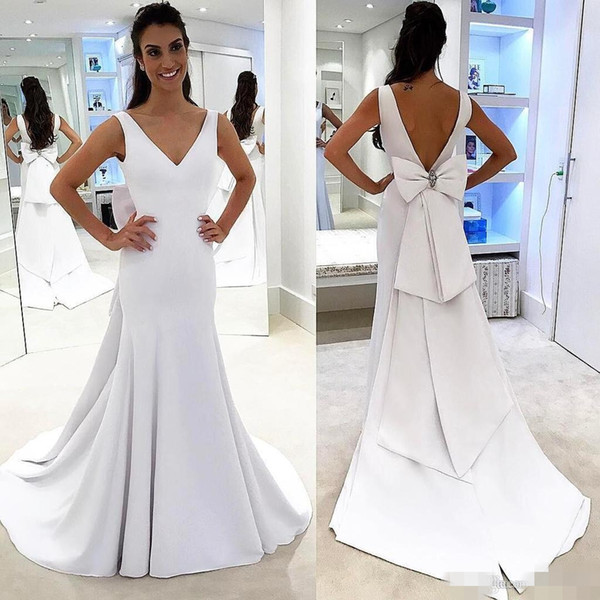 Modest White Mermaid Wedding Dresses V Neck Backless Sexy Beach Garden Big Bow Sash Long Wedding Bridal Gowns Custom Made