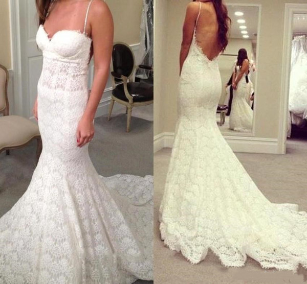 Full Lace Mermaid Wedding Dresses Sexy Open Back Spaghetti Straps Sweep Train Bridal Wedding Gowns