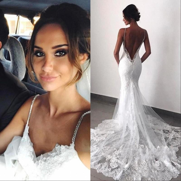 Sexy Backless Lace Wedding Dresses Spaghetti Straps Mermaid Layers Appliqued Sleeveless Beads Boho Bridal Gowns