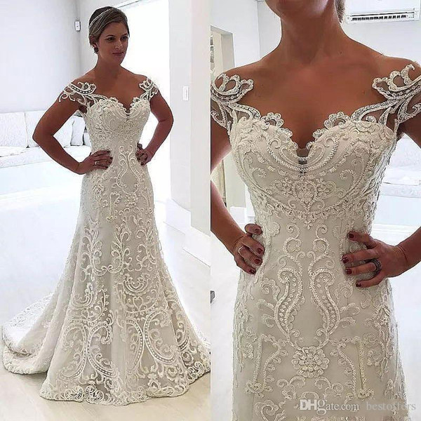 Mermaid Vintage Wedding Dresses Off Shoulder Full Lace Applique Bridal Gowns Sheer Neck Plus Size Wedding Dress