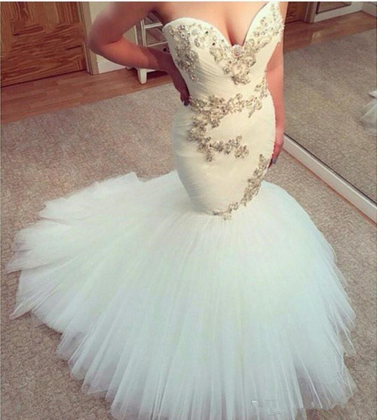 Beaded Tulle Wedding Dresses Sexy Mermaid Strapless Pleated Wedding Dress Bridal Gowns Bride Formal Gown