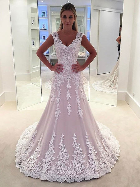 Elegant V Neck Mermaid Wedding Dresses Sleeveless Lace Appliques Hollow Sweep Ivory Hot Sell Bridal Gowns