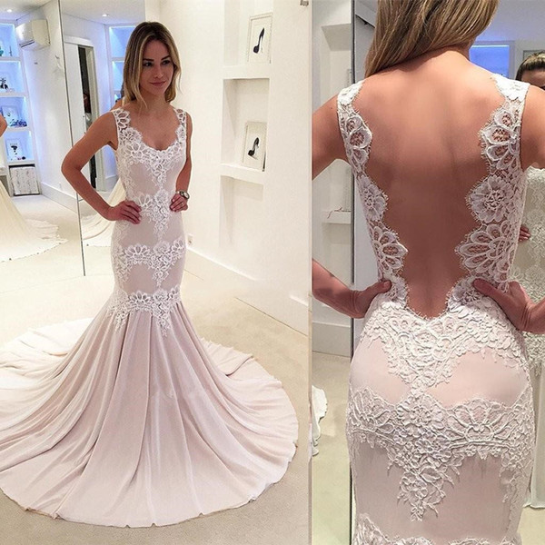 Elegant Mermaid Wedding Dresses Sweep Train Sexy Backless Appliques Lace Long Bridal Wedding Gowns Custom Made