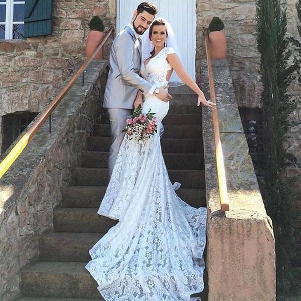 Sexy Lace Mermaid Wedding Dresses Beach V-neck Backless Chapel Train Bridal Dress Wedding Gowns Custom Made