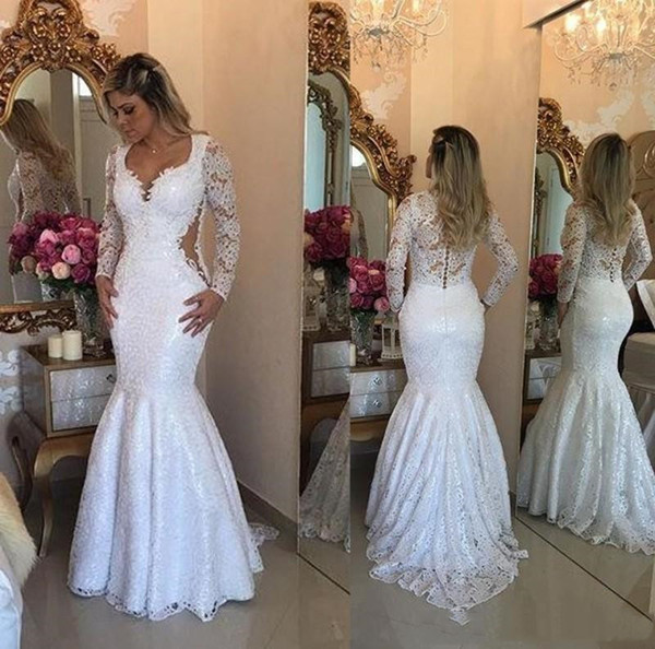 Sexy Lace Long Sleeve Mermaid Wedding Dresses Elegant Bridal Sweep Train Covered Buttons Wedding Gowns