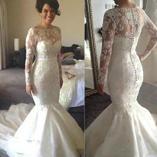 Long Sleeve Wedding Dresses Mermaid Sheer Covered Buttons Lace Bridal Gowns Custom Made Wedding Guest Gowns Wear