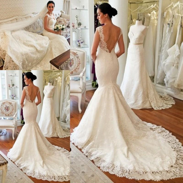 Modern White Ivory Lace Appliques Mermaid Wedding Dresses Sexy V-Back Sleeveless Sweep Train Bridal Wedding Gowns