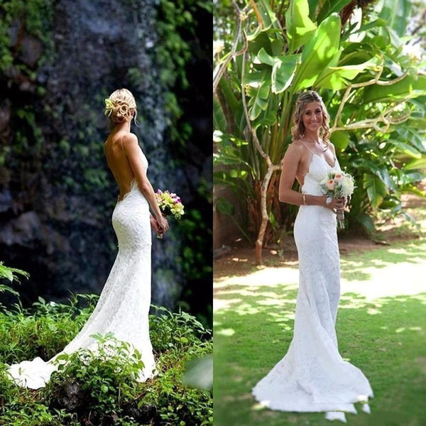 New Beach Wedding Dresses Spaghetti Straps Full Lace Sexy Backless Sweep Train Wedding Bridal Gowns Custom Made