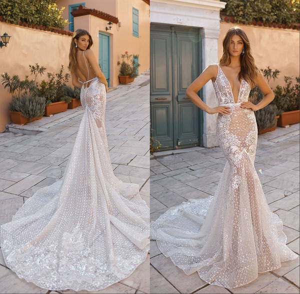 Sparkly Sequins Boho Mermaid Wedding Dresses Deep V Neck Appliques Sweep Train Beach Bridal Gown robe de marie