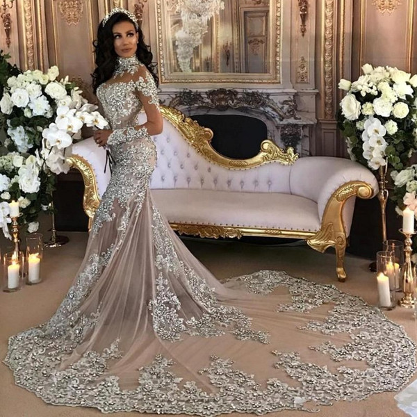 Dubai Arabic Luxury Sparkly Wedding Dresses Sexy Bling Beaded Lace Applique High Neck Illusion Long Sleeves Mermaid Bridal Gowns BA6703