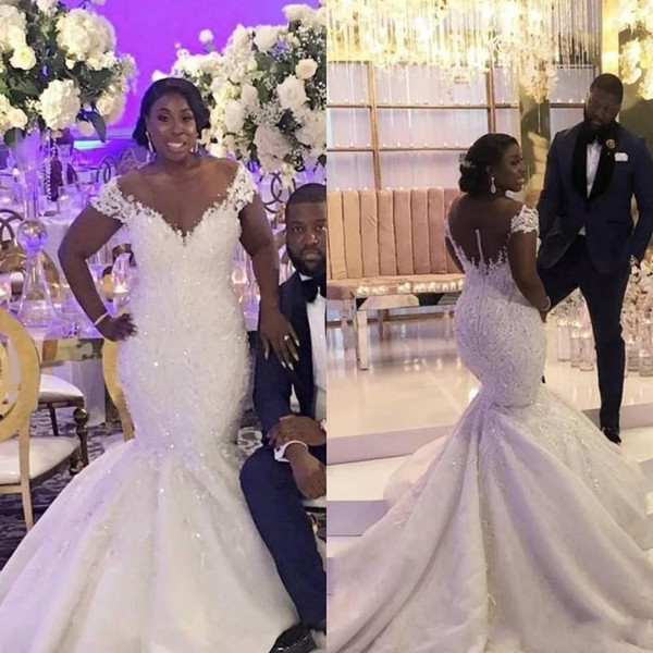 African Plus Size Mermaid Wedding Dresses Off Shoulder Lace Appliques Beaded Sheer Button Back Court Train Bridal Gowns