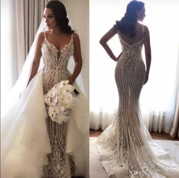 Sexy Illusion Mermaid Wedding Dresses With Removable Train Lace Applique Backless Bridal Gown Robe de mariée