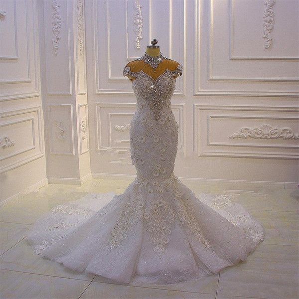 Luxury Crystal Beaded Mermaid Wedding Dress High Neck Vintage Arabic Dubai 3D Flowers Plus Size Bridal Gown Vestido de Novia CPH057