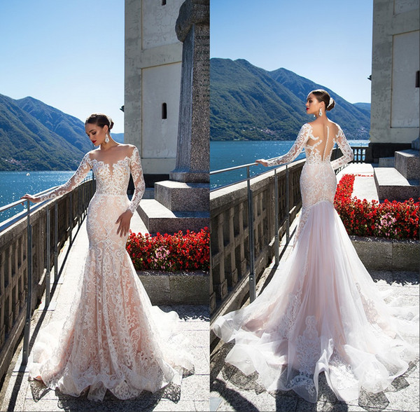 Milla Nova Vintage Mermaid Wedding Dresses Sheer Long Sleeve Lace Applique Button Back Illusion Bridal Dress Vestido De Novia