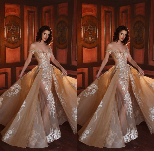 Dubai Sexy Off Shoulder Mermaid Wedding Dresses with Detachable Train Gold Lace Appliques Bridal Gown Robe de Mariee