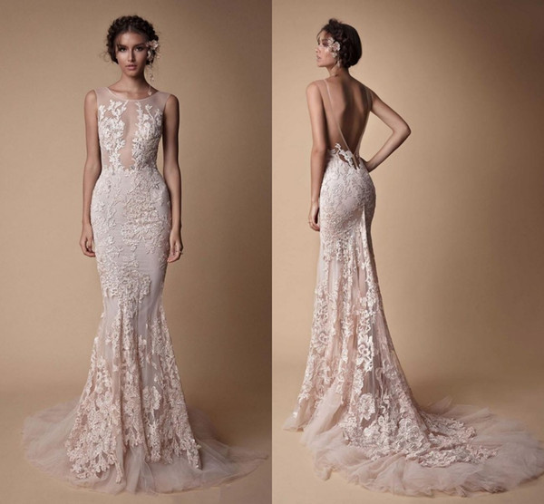 Gorgeous Berta Mermaid Wedding Dresses Robe De Marriage Jewel Neck Sexy Backless Lace Appliques Long Wedding Gowns