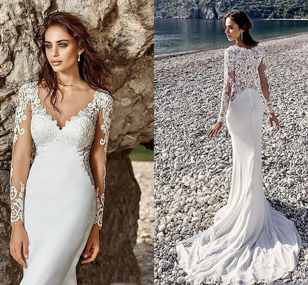 New Style Sexy Deep V Neck Mermaid Wedding Dresses Sheer Long Sleeveless Lace Appliques Court Trian Illusion Wedding Bridal Gowns