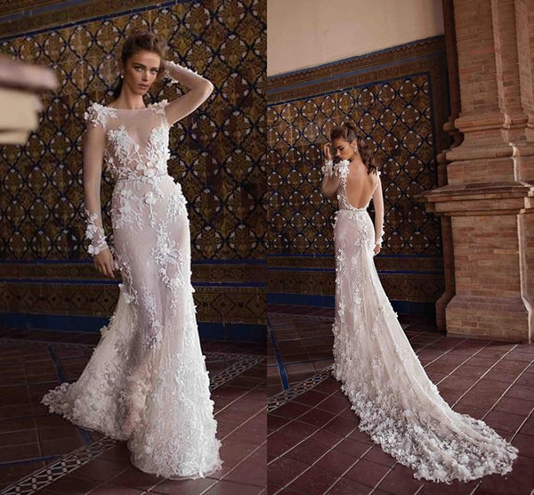 Berta New Ivory Wedding Dresses Lace 3D-Flowers Sheer Long Sleeves Sexy Backless Beach Wedding Bridal Gowns Court Train 