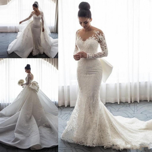 Luxury Mermaid Wedding Dresses Long Sleeves Illusion Sheer Neck Full Lace Applique Bow Overskirts Button Back Chapel Train Bridal Gowns