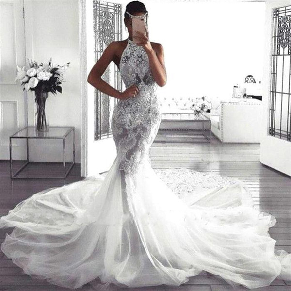 Gorgeous Halter Lace Mermaid Wedding Dresses Full Lace Appliqued Bridal Gown Sweep Train Boho Beach vestido de novia BC2509