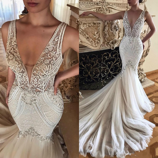 Sexy Deep V Neck Wedding Dresses Floral Appliques Sequins Tulle Bridal Gown Backless Beach Robe de Mariee