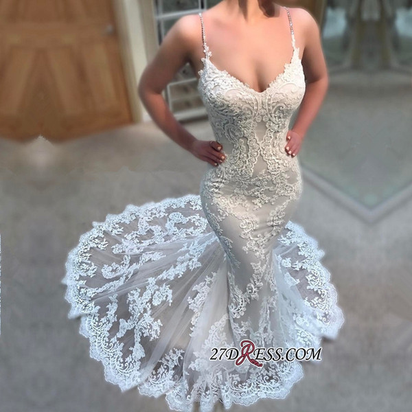 Spaghetti Straps Mermaid Wedding Dresses With Lace Appliques Sweep Train Sexy Wedding Bridal Gowns Custom Made