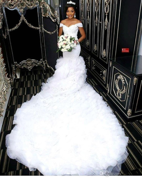 African Off the Shoulder Tulle Mermaid Wedding Dresses Lace Bodice Long Train Bridal Gowns Custom Made BC0845