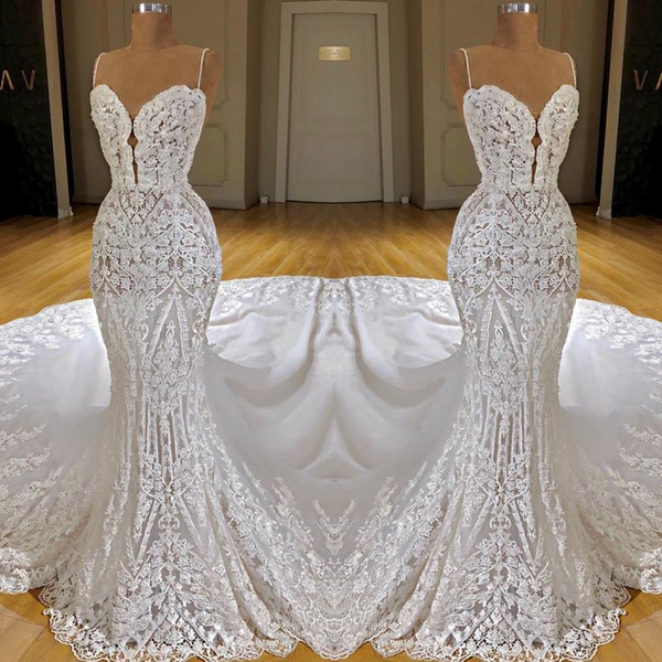 Elegant Lace Mermaid Wedding Dresses Appliques Sleeveless Bridal Gowns Sweep Train Spaghetti Vestidos de Novia BC0623