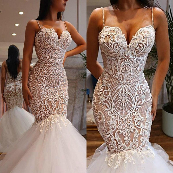 Lace Mermaid Wedding Dresses Spaghetti abiti da sposa Sweep Train Tulle Bridal Gown Robe de Mariee