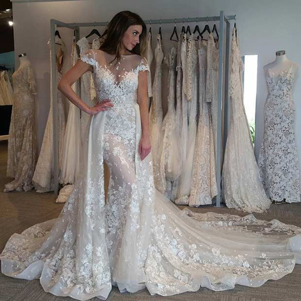 Gorgeous Sheer Scoop Neck Mermaid Wedding Dresses Lace Appliqued Detachable Train Cap Sleeves Illusion Bridal Gowns
