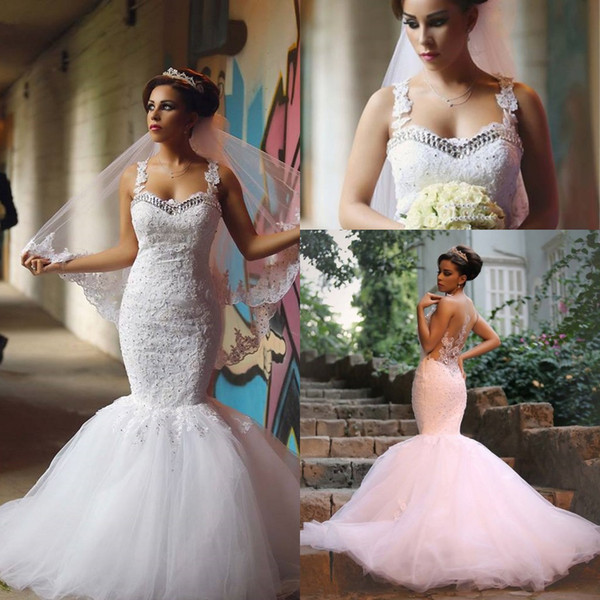 Luxury Arabic Sweetheart Ruffles Mermaid Wedding Dresses South African Beaded Sexy Backless Appliqued Crystals Bridal Gowns Custom Made