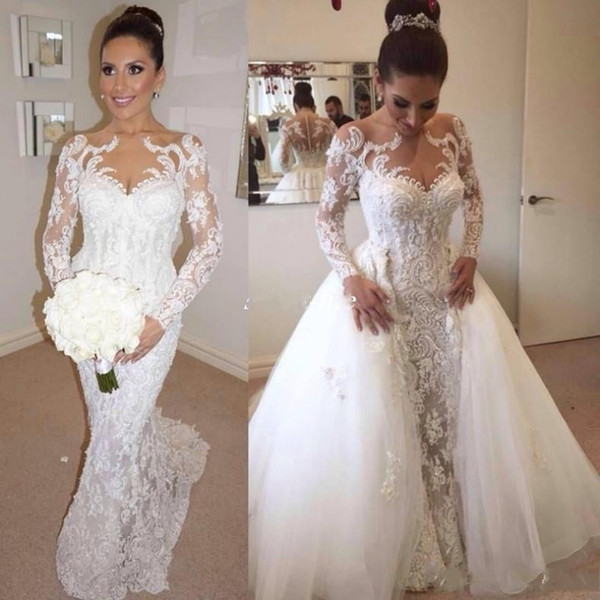 Vintage Steven Khalil Full Lace Wedding Dresses with Detachable Train Illusion Neck Arabic Bridal Dress Wedding Gowns