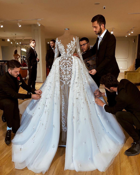 Gorgeous Mermaid Wedding Dresses with Detachable Train Sheer Neck Long Sleeve Lace Bridal Gown Floral Appliques Robe de Mariee