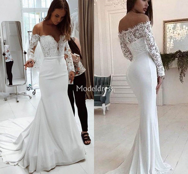 Charming Lace Mermaid Wedding Dresses Illusion Long Sleeves Sweep Train Garden Chapel Bridal Gown Chic Church Castle Vestidoe De Noiva Cheap