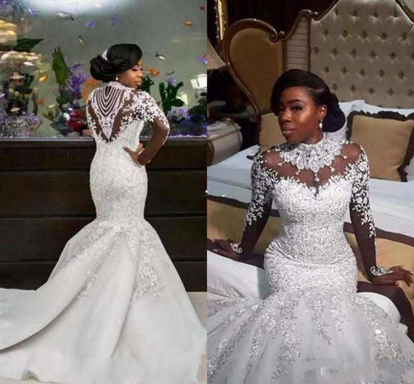 Luxury Mermaid Wedding Dresses Sheer Long Sleeve High Neck Crystal Beads Chapel Train African Arabic Bridal Gowns Plus Size Customized