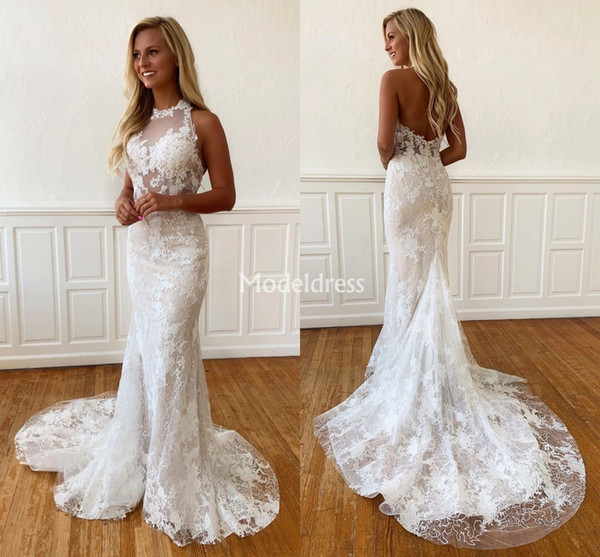 Charming Lace Mermaid Wedding Dresses Halter Illusion Backless Sweep Train Country Style Bridal Gowns Modern Church Vestidoe De Noiva Custom