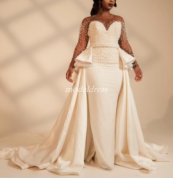 African Mermaid Wedding Dresses With Over Train Sheer Neck Long Sleeve Sweep Train Garden Country Chapel Bridal Gowns Plus Size