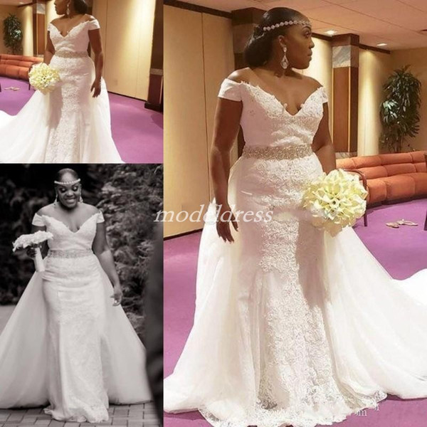 African Mermaid Wedding Dresses With Over Train Off Shoulder Sash Beads Crystal Appliques Plus Size Garden Country Bridal Gowns