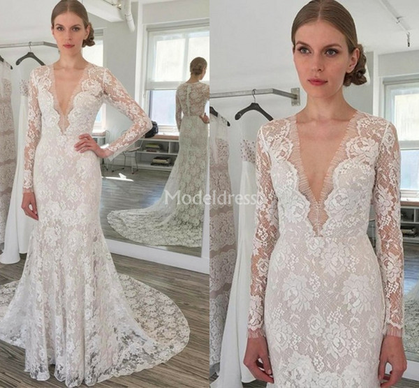 Gorgeous Full Lace Mermaid Wedding Dresses V-Neck Long Sleeves Illusion Sweep Train Boho Country Bridal Gown Castle Chapel Vestidoe De Noiva