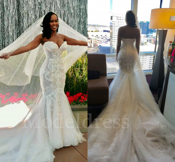 Steven Khalil New Mermaid Lace Wedding Dresses Sweetheart Appliques Beading Trumpet Chapel Train Vintage Arabic Bridal Gown Plus Size